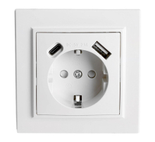 Розетка 1-местная Stekker, PST16-9016-01, 250В, 2.1А с USB+ type C Эрна, белый 50076