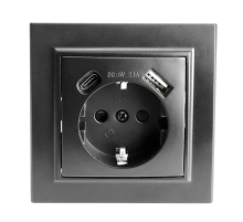 Розетка 1-местная с/з Stekker, PST16-9016-03, 250В, 16А с USB+ type C Эрна, черный 50078