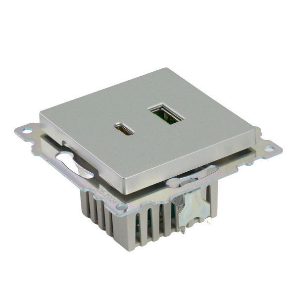 Розетка 2-местная USB + type C (механизм)), STEKKER GLS10-7116-03 , 250B, 3А, max 20W, серия Катрин, серебро 50054