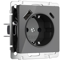 Розетка с заземлением, шторками и USB тип A+C Werkel графит акрил W1171744 4690389197536