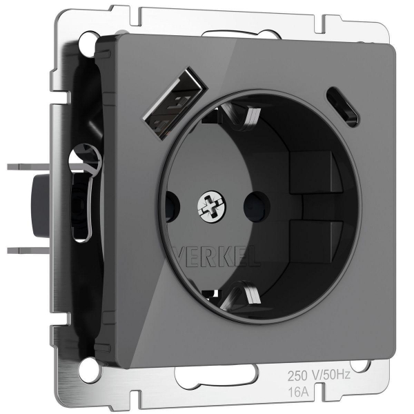 Розетка с заземлением, шторками и USB тип A+C Werkel графит акрил W1171744 4690389197536 Розетка с заземлением, шторками и USB тип A+C Werkel графит акрил W1171744 4690389197536