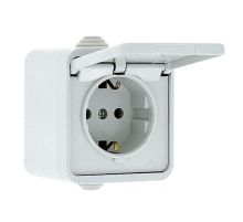 Прага Розетка 1-местная 16А с заземлением с крышкой IP44 белая EKF EKR16-029-10-44