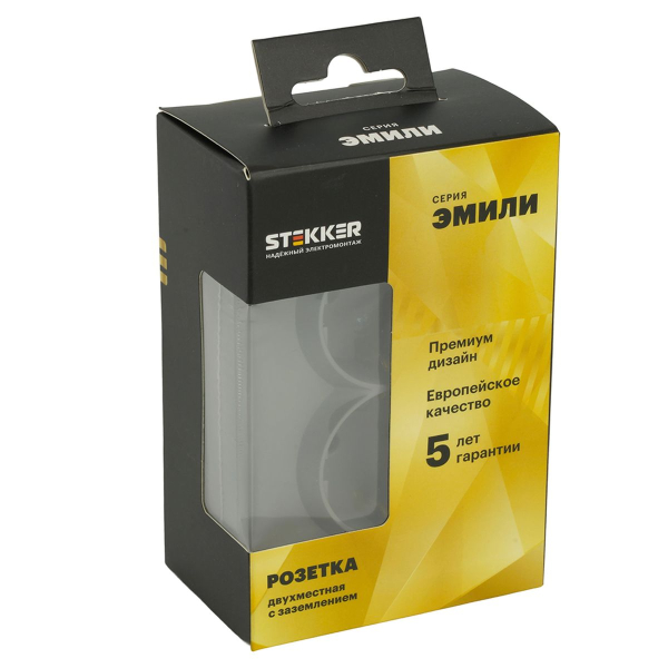 Розетка 2-местная с защитной шторкой, STEKKER, с/з, 250В, 16А, серия Эмили, RST16-5114-10, платиново-серый, soft touch 49960