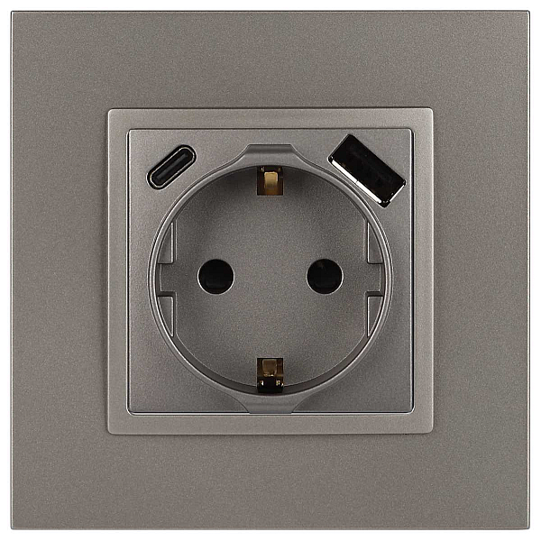 Розетка ЭРА Elegance 14-4108-16 2P+E 16A-250В со шторками с USB type-A+C 5В-3А титан Б0067695