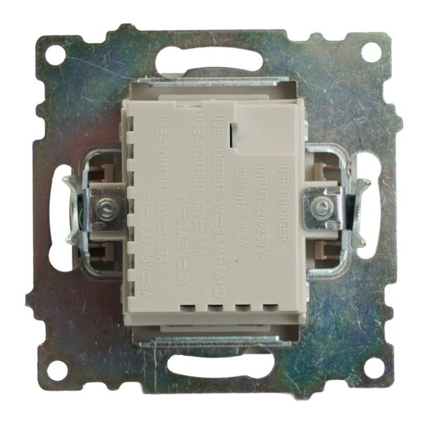 Розетка 2-местная USB + type C (механизм), STEKKER GLS10-7116-02, 250B, 3A, max 20W, серия Катрин, шампань 50056