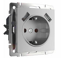 Розетка Werkel с заземлением, шторками и USBх2 серебряная W1171506 4690389156458