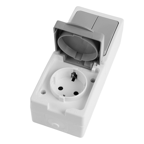 Блок: розетка 1-местная с/з + выключатель 2-клавишный STEKKER, PST16-21-54V/10-221-54, белый/серый 49739