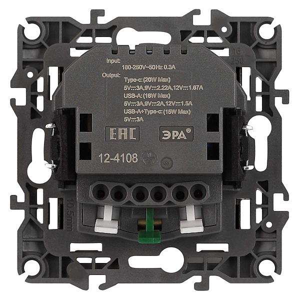 Розетка ЭРА Серия 12 12-4108-16 2P+E 16A-250В со шторками с USB type-A+C 5В-3А титан Б0067762