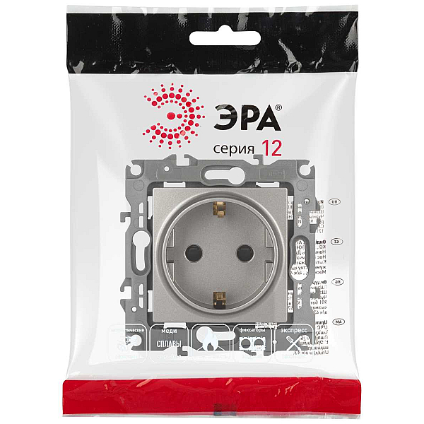 Розетка ЭРА Серия 12 12-2102-16 2P+E Schuko со шторками 16А-250В Эра12 титан Б0065651