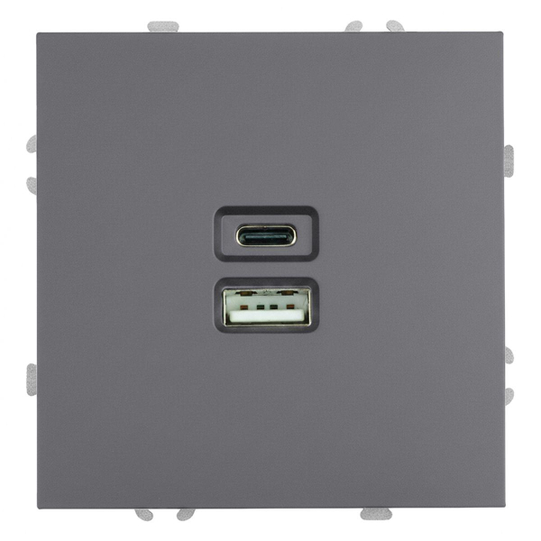 Розетка 2-местная USB + Type C (механизм), STEKKER, 250В, 20W, серия Эмили, RST10-5115-10, платиново-серый, soft touch 49957