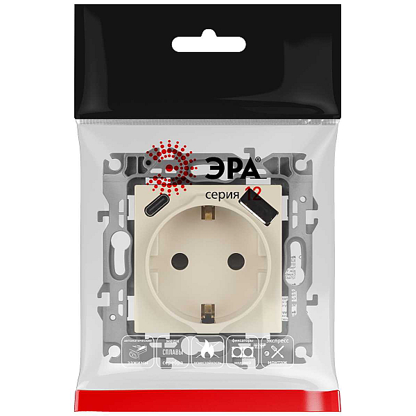 Розетка ЭРА Серия 12 12-4108-02 2P+E 16A-250В со шторками с USB type-A+C 5В-3А слоновая кость Б0067731