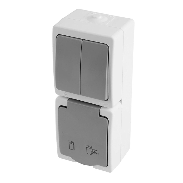 Блок: розетка 1-местная с/з + выключатель 2-клавишный STEKKER, PST16-21-54V/10-221-54, белый/серый 49739