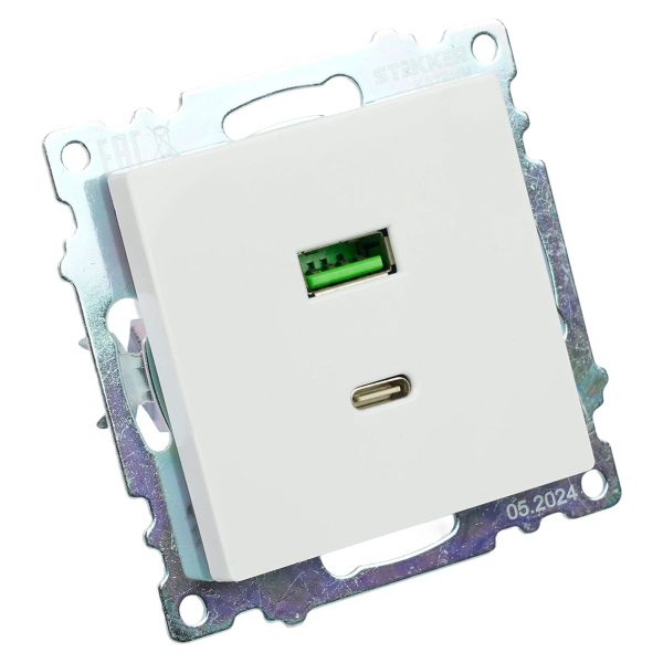 Розетка USB 2-местная + type C (механизм), STEKKER GLS10-7116-01, 250В, 3А, max 20W, серия Катрин, белый 50051