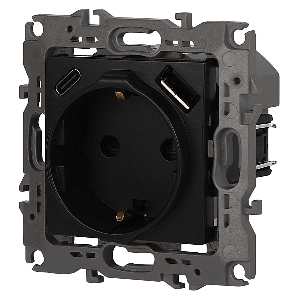 Розетка ЭРА Серия 12 12-4108-05 2P+E 16A-250В со шторками с USB type-A+C 5В-3А антрацит Б0067707