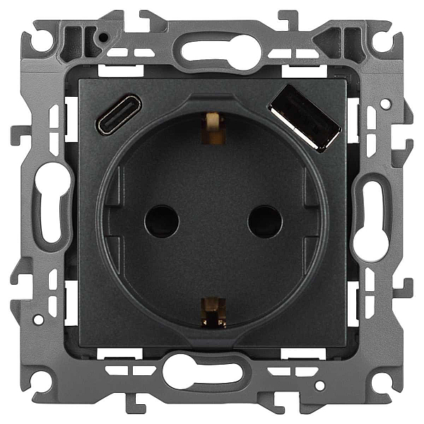 Розетка ЭРА Серия 12 12-4108-12 2P+E 16A-250В со шторками с USB type-A+C 5В-3А графит Б0067700