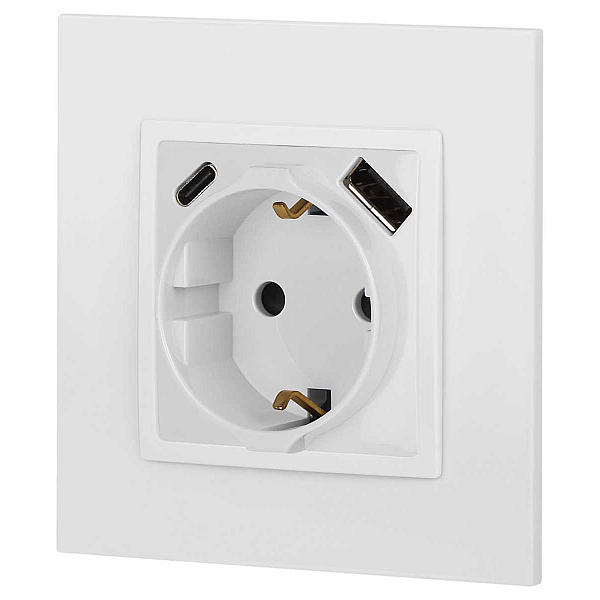 Розетка ЭРА Elegance 14-4108-01 2P+E 16A-250В со шторками с USB type-A+C 5В-3А белый Б0067736