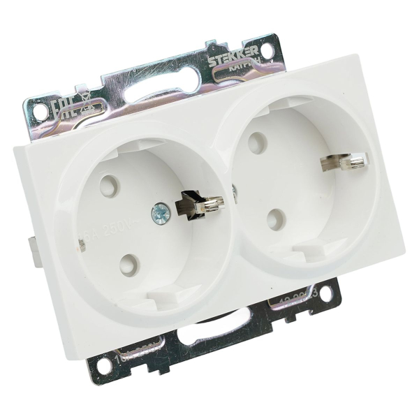 Розетка двойная 2P+PE Stekker Катрин со шторками белый GLS16-7114-01 39574
