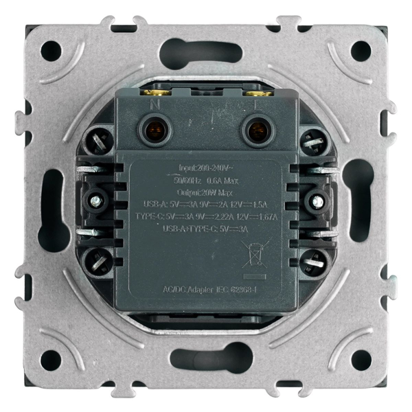 Розетка 2-местная USB + Type C (механизм), STEKKER, 250В, 20W, серия Эмили, RST10-5115-10, платиново-серый, soft touch 49957