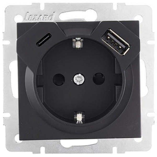 Розетка с зазем. + TC и USB-разъём Lezard Vesna черная 742-4288-181TC Розетка с зазем. + TC и USB-разъём Lezard Vesna черная 742-4288-181TC