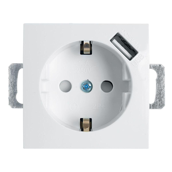 Розетка 1-местная с/з (механизм), Stekker, PST16-9111-01, 250В, 16А с защ. шторкой и с USB Эрна, белый 39318
