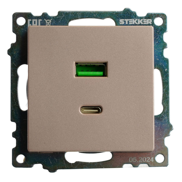 Розетка 2-местная USB + type C (механизм), STEKKER GLS10-7116-02, 250B, 3A, max 20W, серия Катрин, шампань 50056