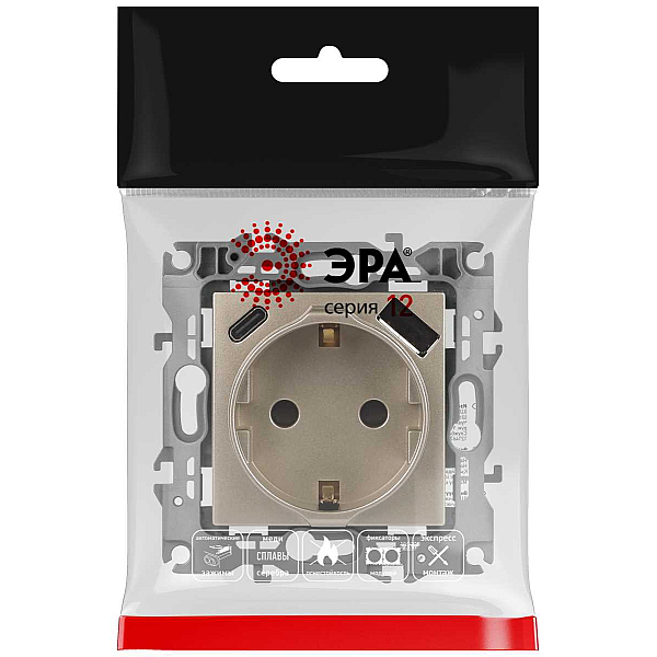 Розетка ЭРА Серия 12 12-4108-04 2P+E 16A-250В со шторками с USB type-A+C 5В-3А шампань Б0067727