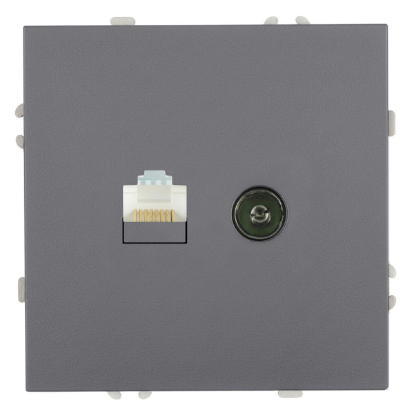 Розетка TV + компьютерная RJ-45 (механизм), STEKKER, серия Эмили, RST00-5106-10, платиново-серый, soft touch 49950