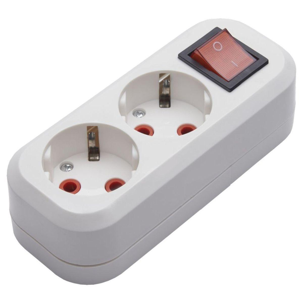 Розетка (колодка) переносная разборная 2-местная с/з Stekker, PST16-211-20, с выключателем, 250В, 16A, IP20, белый 39013