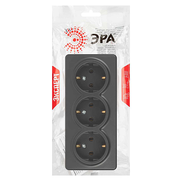 Розетка ЭРА Эксперт 11-2208-05 тройная с заземлением 3х2P+E Schuko IP20 16A-250В ОУ антрацит Б0063007