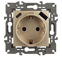 Розетка ЭРА Elegance 14-4108-04 2P+E 16A-250В со шторками с USB type-A+C 5В-3А шампань Б0067740