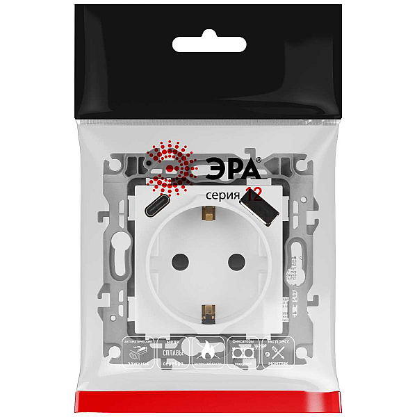 Розетка ЭРА Серия 12 12-4108-01 2P+E 16A-250В со шторками с USB type-A+C 5В-3А белый Б0067752