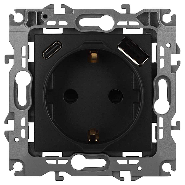 Розетка ЭРА Серия 12 12-4108-05 2P+E 16A-250В со шторками с USB type-A+C 5В-3А антрацит Б0067707