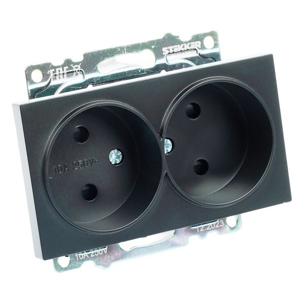 Розетка двойная 2P Stekker Катрин со шторками черный GLS10-7113-05 39611