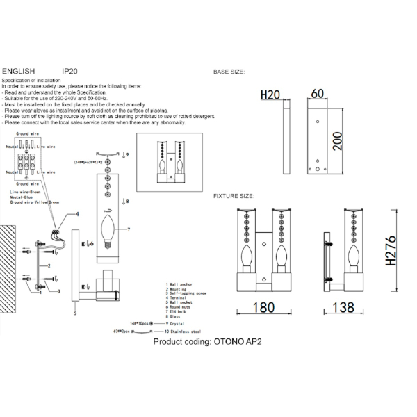Бра Crystal Lux OTONO AP2 BLACK CHROMIUM/TRANSPARENTE