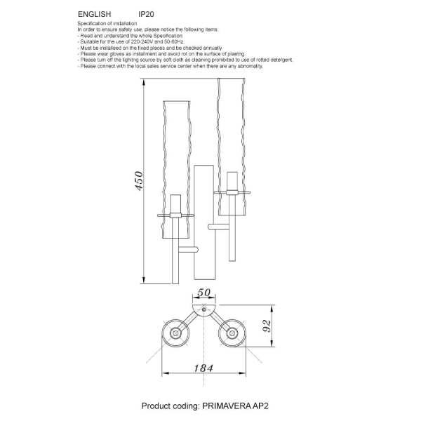 Бра Crystal Lux Primavera AP2 Chrome