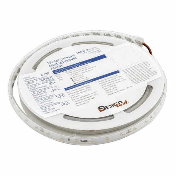Светодиодная влагозащищенная лента DesignLed 4,8W/m 60LED/m 3528SMD теплый белый 5M 005704 Светодиодная влагозащищенная лента DesignLed 4,8W/m 60LED/m 3528SMD теплый белый 5M 005704