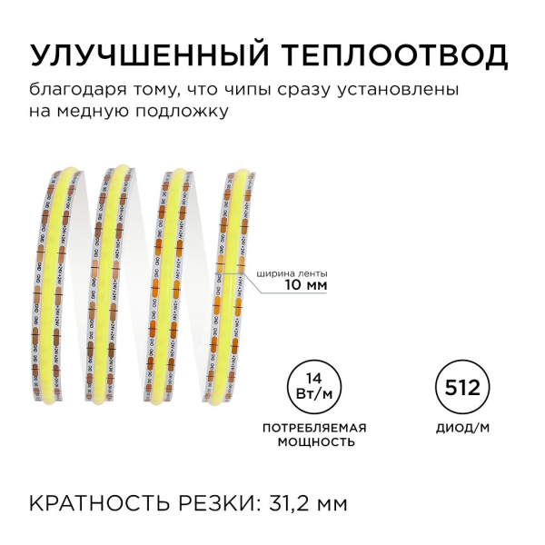 Светодиодная лента Apeyron 14W/m 512LED/m COB холодный белый 3M 200ОО