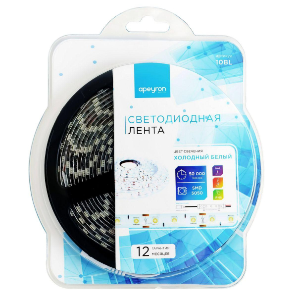 Светодиодная влагозащищенная лента Apeyron 14,4W/m 60LED/m 5050SMD холодный белый 5M 10BL Светодиодная влагозащищенная лента Apeyron 14,4W/m 60LED/m 5050SMD холодный белый 5M 10BL