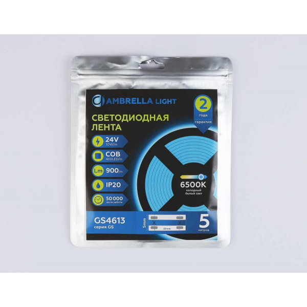 Светодиодная лента Ambrella Light GS4613 COB 400Led/10W m/ 24V IP20 6500K/ 5m*5mm*2.1mm (2 конт.) GS4613 Светодиодная лента Ambrella Light GS4613 COB 400Led/10W m/ 24V IP20 6500K/ 5m*5mm*2.1mm (2 конт.) GS4613