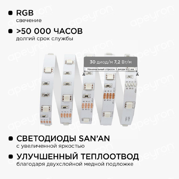 Светодиодная лента Apeyron 7,2W/m 30LED/m 3528SMD разноцветная 5M 10-47 Светодиодная лента Apeyron 7,2W/m 30LED/m 3528SMD разноцветная 5M 10-47