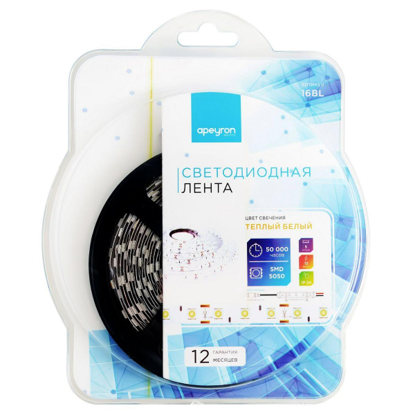 Светодиодная лента Apeyron 14,4W/m 60LED/m 5050SMD теплый белый 5M 16BL Светодиодная лента Apeyron 14,4W/m 60LED/m 5050SMD теплый белый 5M 16BL