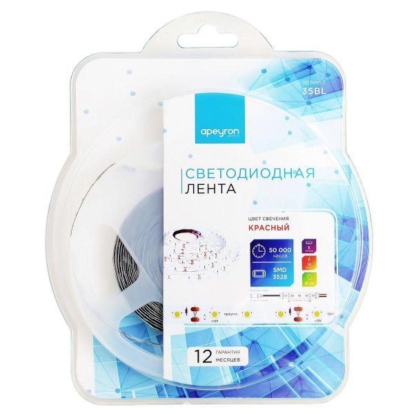 Светодиодная лента Apeyron 4,8W/m 60LED/m 3528SMD красный 5M 35BL Светодиодная лента Apeyron 4,8W/m 60LED/m 3528SMD красный 5M 35BL