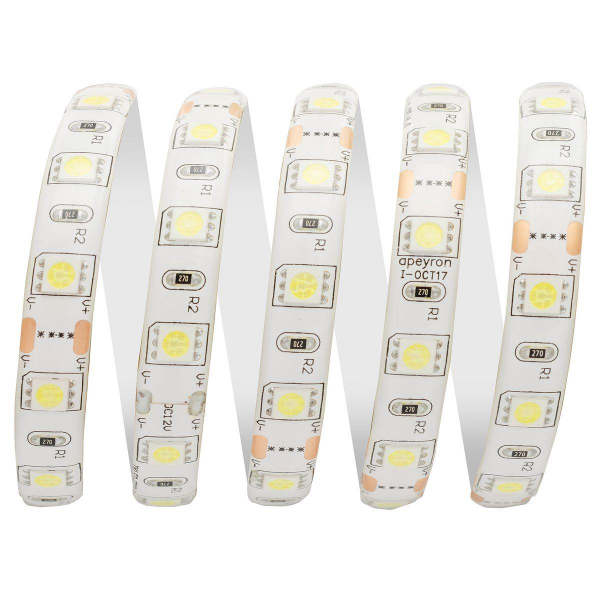 Светодиодная влагозащищенная лента Apeyron 14,4W/m 60LED/m 5050SMD холодный белый 5M 10BL Светодиодная влагозащищенная лента Apeyron 14,4W/m 60LED/m 5050SMD холодный белый 5M 10BL