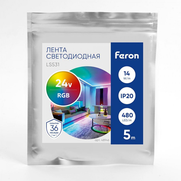 Светодиодная лента Feron 14W/m 480LED/m COB RGB 5М LS531 48946 Светодиодная лента Feron 14W/m 480LED/m COB RGB 5М LS531 48946