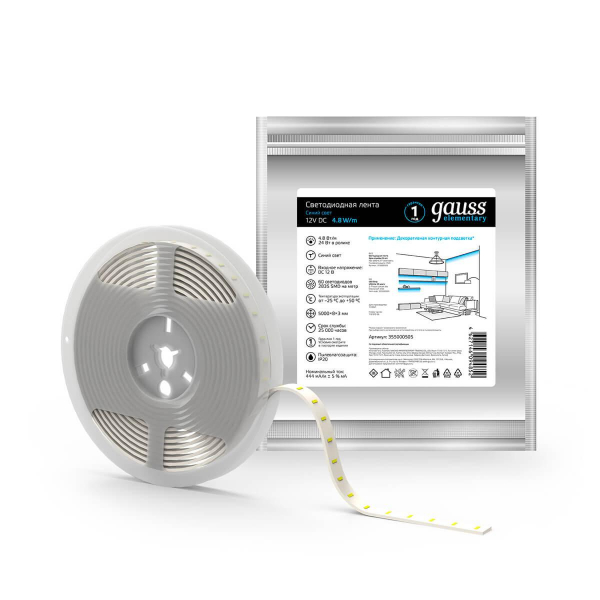Светодиодная лента Gauss 4,8W/m 60LED/m 2835SMD синий 5M 355000505 Светодиодная лента Gauss 4,8W/m 60LED/m 2835SMD синий 5M 355000505