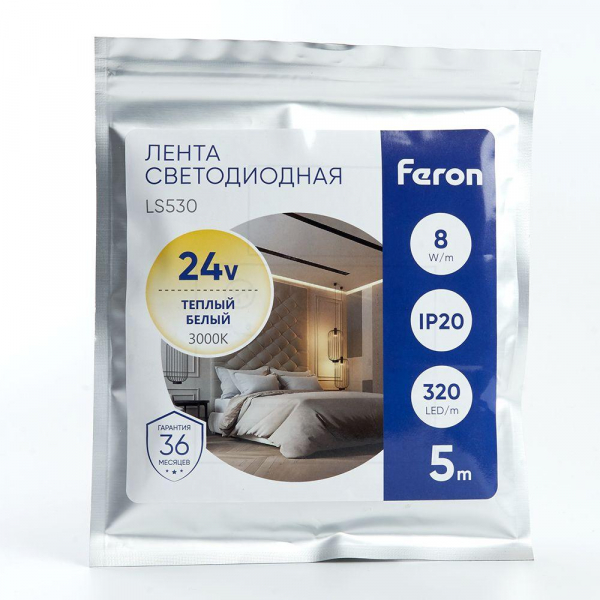 Светодиодная лента Feron 8W/m 320LED/m 2110SMD теплый белый 5M LS530 48263 Светодиодная лента Feron 8W/m 320LED/m 2110SMD теплый белый 5M LS530 48263
