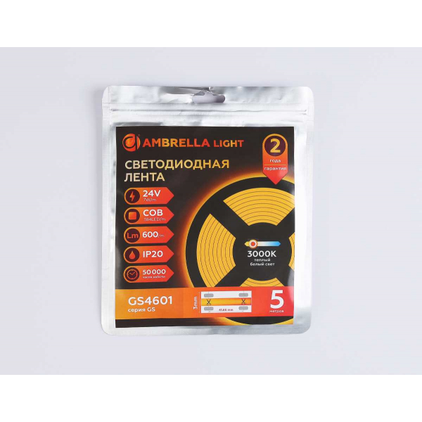 Светодиодная лента Ambrella Light GS4601 COB 384Led/ 7W m/ 24V IP20 3000K/ 5m*3mm*2mm (2 конт.) GS4601 Светодиодная лента Ambrella Light GS4601 COB 384Led/ 7W m/ 24V IP20 3000K/ 5m*3mm*2mm (2 конт.) GS4601