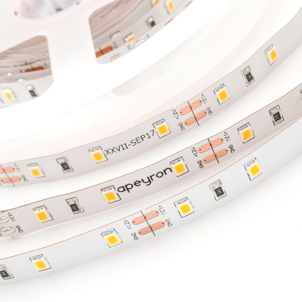 Светодиодная лента Apeyron 4,8W/m 60LED/m 2835SMD теплый белый 5M 00-403 Светодиодная лента Apeyron 4,8W/m 60LED/m 2835SMD теплый белый 5M 00-403