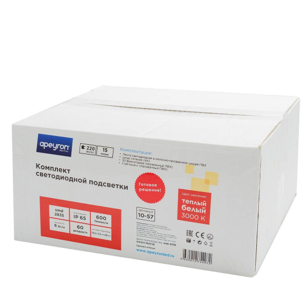 Светодиодная влагозащищенная лента Apeyron 6W/m 60LED/m 2835SMD теплый белый 15M 10-57 Светодиодная влагозащищенная лента Apeyron 6W/m 60LED/m 2835SMD теплый белый 15M 10-57