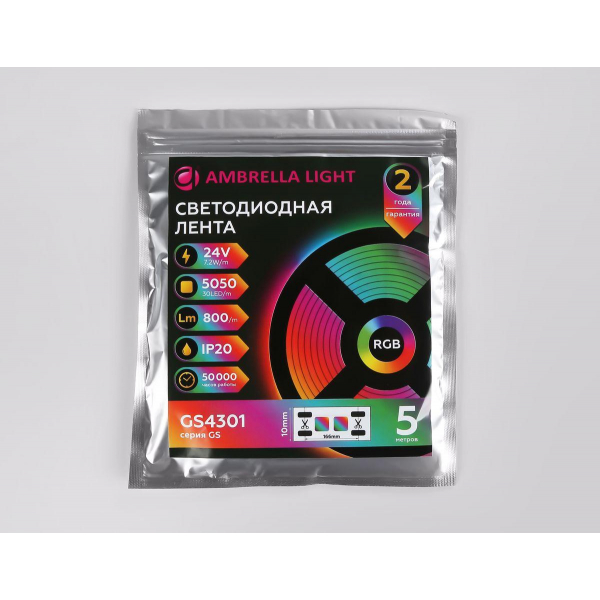 Светодиодная лента Ambrella Light 7,2W/m 30LED/m 5050SMD RGB 5M GS4301 Светодиодная лента Ambrella Light 7,2W/m 30LED/m 5050SMD RGB 5M GS4301